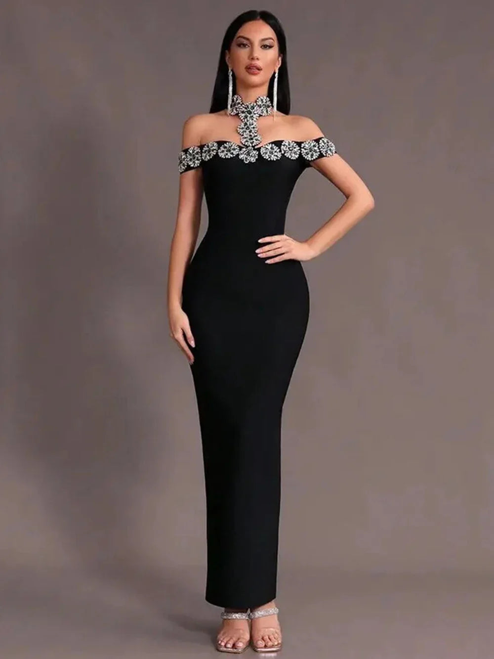 2025 Sexy Women Light Luxury Nail Bead Bandage Dress Hanging Neck Shoulder Short Sleeve Bodycon Long Dress Evening Party Vestido