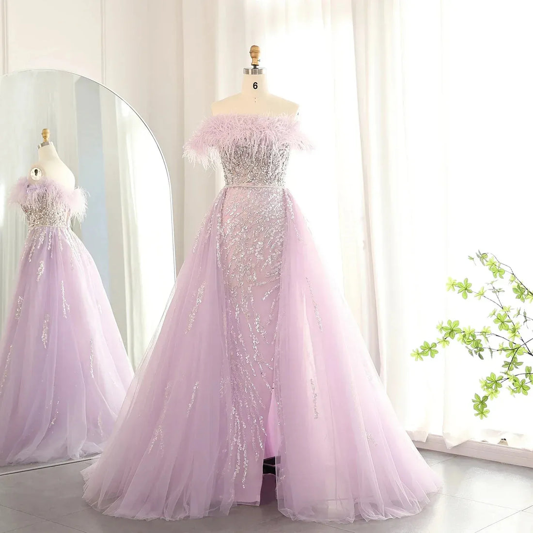 Luxury Dubai Feathers Lilac Evening Dress with Overskirt Side Slit Arabic Blue Green Women Wedding Party Gowns Evening Dress