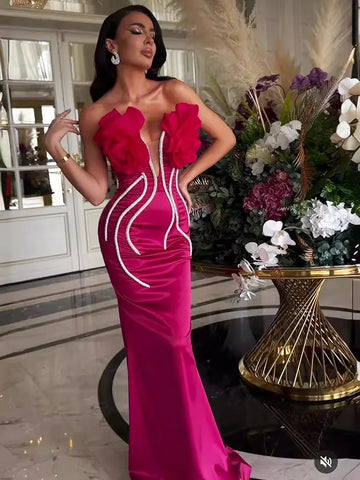 STOCK 2024 Summer Rose Red Stereoscopic Flowers Sparkling Diamonds Chain Ankle Lenght Bandage Dress Elegant Woman Evening Dress