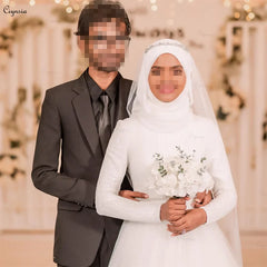 Vestido de novia musulmán de manga larga, cuello alto, corte A, tul brillante, cuentas, Dubai, hijab, vestidos de novia, Abito Da Sposa