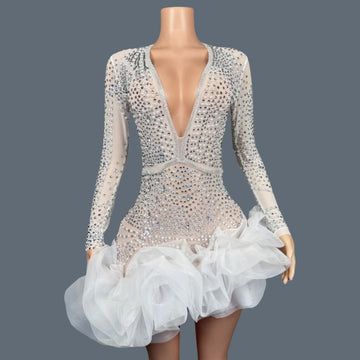 Sparkly Rhinestone White Pearls High-end Short Dress Sexy Women Deep V Neck tutu Mini Dress Nightclub Party Dress-up Outfit Babi