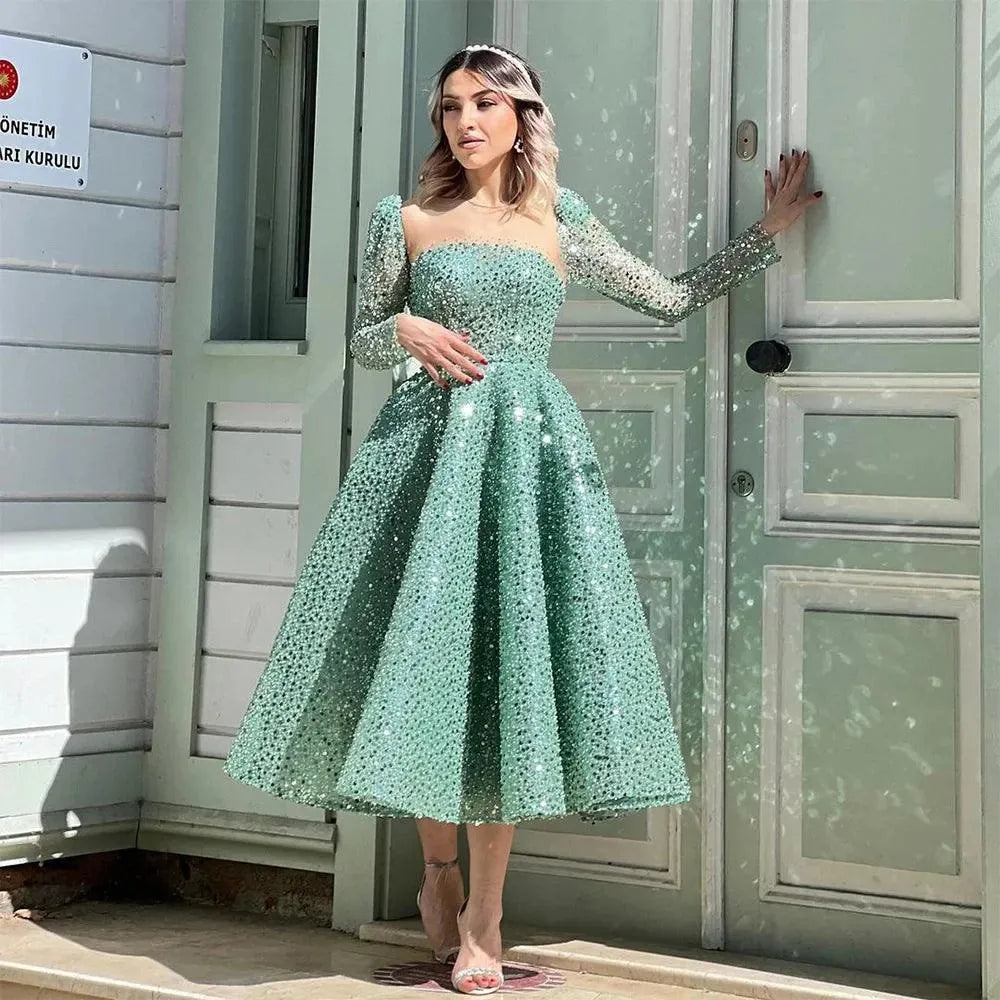 Modest Turquoise Sequined Beading Pearls Prom Dresses Long Sleeves A-Line Arabic Muslim Evening Dress Engagement Gowns As Picture
