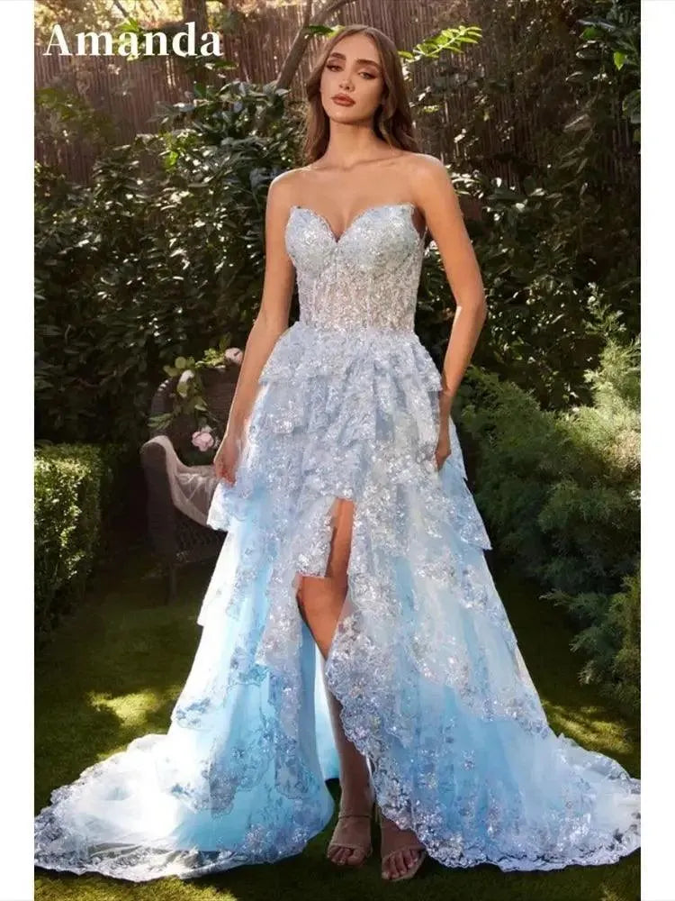 Baby Blue Lace Prom Dress Princess Strapless Side Split Formal