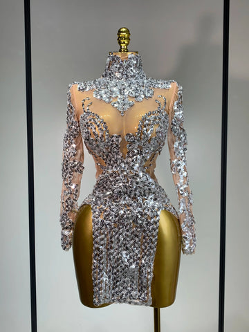 Sparkly Silver Gold Sequins Short Dress Sexy High Slit Women Nightclub Evening Party Dress Birthday Singer Stage Show Outfit