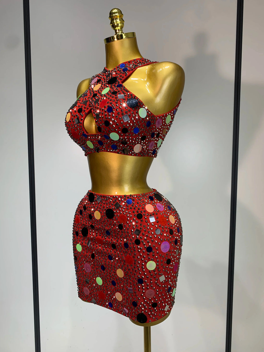 Luxury Rhinestone Sequin Sexy Two Piece Set  New Fashion Nightclub Sparkly Perform Stage Costume Birthday Dress