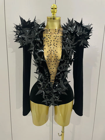 New Shiny Black Rhinestone Velvet Long Sleeve Bodysuit Women Evening Party Club Gala Hosts NightClub Bar Stage Costumes