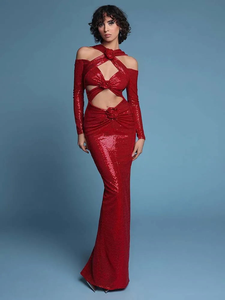 VC 2024 Summer New Women's Sexy V-neck Long sleeves Flower Decoration Sequins Mermaid Bodycon Celebrity Party Evening Dress