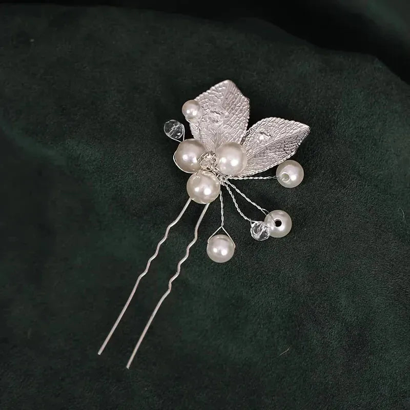 Crystal Pearl Leaf Hairpin Hair Pin Band For Women Bride Wedding Bridal Hair Accessories Jewelry Pin Band Gift