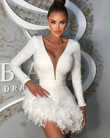 White Black Color Women Long Sleeve Sexy Bodycon Mini Bandage Dress Feathers Sexy Nightclub Party Celebrate Birthday Dress