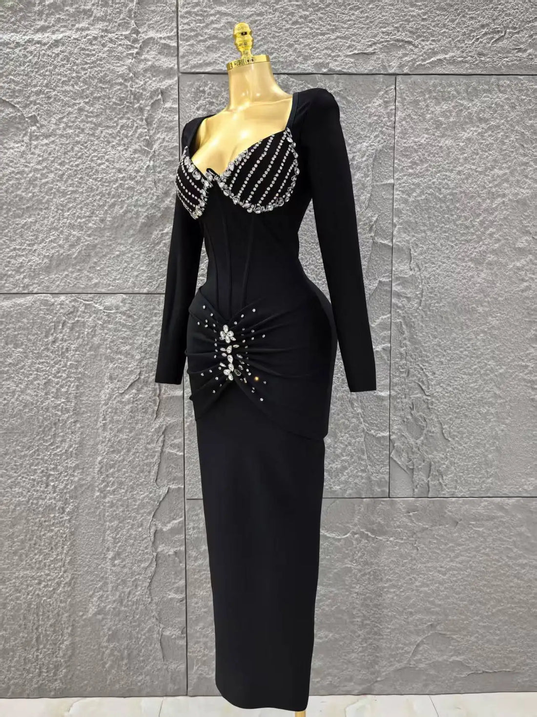 Women Long Sleeve Sexy Square Collar Shinning Crystal Bodycon Long Bandage Dress Celebrate Evening Party Outfit