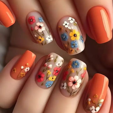 24Pcs Unhas Postiças Curtas Quadradas Florais Doces com Cola Unhas Acrílicas de Cor Sólida Unhas Francesas Simples Cobertura Total Pontas de Unha Falsas