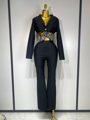 Women Sexy Cut Out Long Sleeve Beading Bodycon Two Pieces Pants Bandage Set Celebrity Designer Fashion Women Luxury Birthday Set