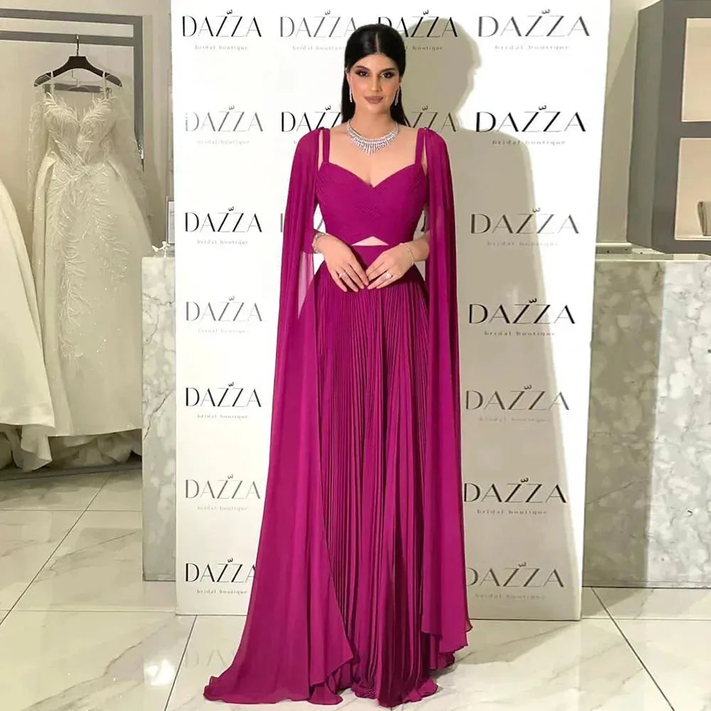 Fuchsia Chiffon Dubai Evening Dresses with Cape Sleeves Elegant Yellow Women Wedding Party Formal Gowns Evening Dress