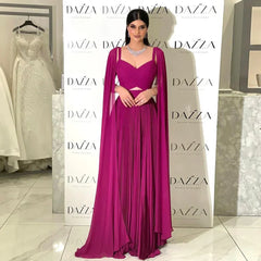 Fuchsia Chiffon Dubai Evening Dresses with Cape Sleeves Elegant Yellow Women Wedding Party Formal Gowns