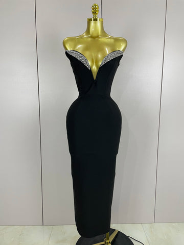 2025 Women Sexy Strapless Sparkly Rhinestones Bodycon Bandage Long Dress Fashion Celebrate Evening Party Luxury Birthday Dresses