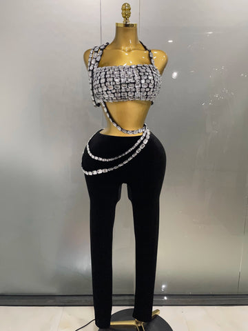 New Luxury Sparkle Diamonds Sexy Crop Top Velour Pant Two Pieces Set Women Celebrate Birthday Party Nightclub Stage Costume