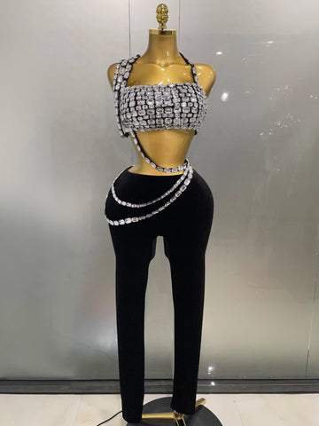 2025 New Luxury Sparkle Diamonds Sexy Crop Top Velour Pant Two Pieces Set Women Celebrate Birthday Party Nightclub Stage Costume