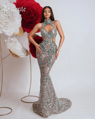 VC Sparkling Green Sequins Crystal Cut-Out Mermaid Sleeveless Dress Gown for Balls Party