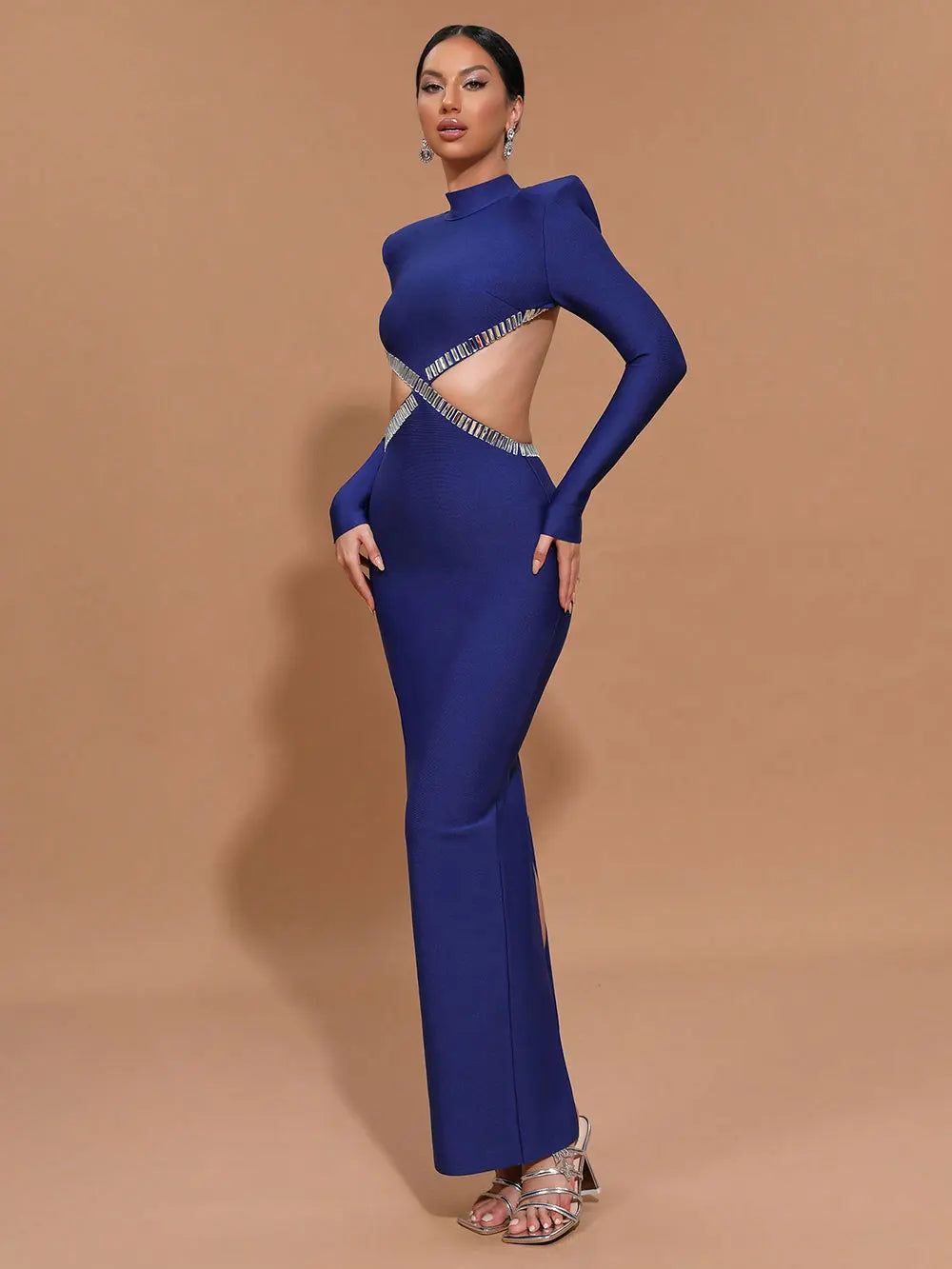 2025 Women'S Light Luxury Nail Bead Sexy Backless Bandage Dress Stand Collar Long Sleeved Bodycon Backless Long Dress Vestidos