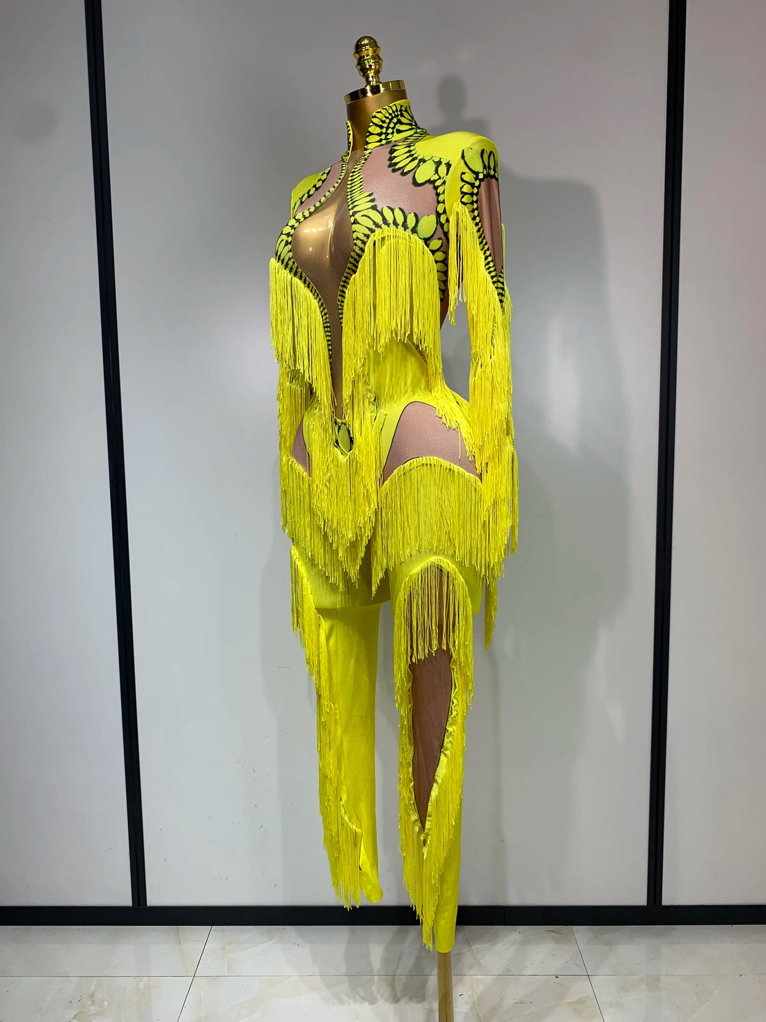 Yellow Tassel Stretch Bodycon Jumpsuit Nightclub Gogo Dance Clothing Dj Rave Outfit Nightclub Party Singer Performance Outfit