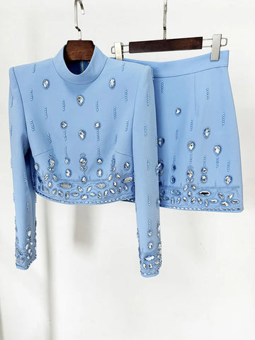 2025 Autumn Elegant Women's Nail Pearl Water Diamond Blue Skirt Sets O-neck Long Sleeve Hoodie Top+Mini Skirt Two Piece Set