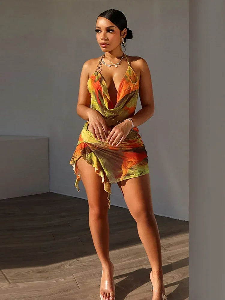 Sexy Printed Tie-dye Hollow Out Mini Dress Fashion Sleeveless Curling Edge Slim Fit Gown New Female Cocktail Party Vestidos 2025