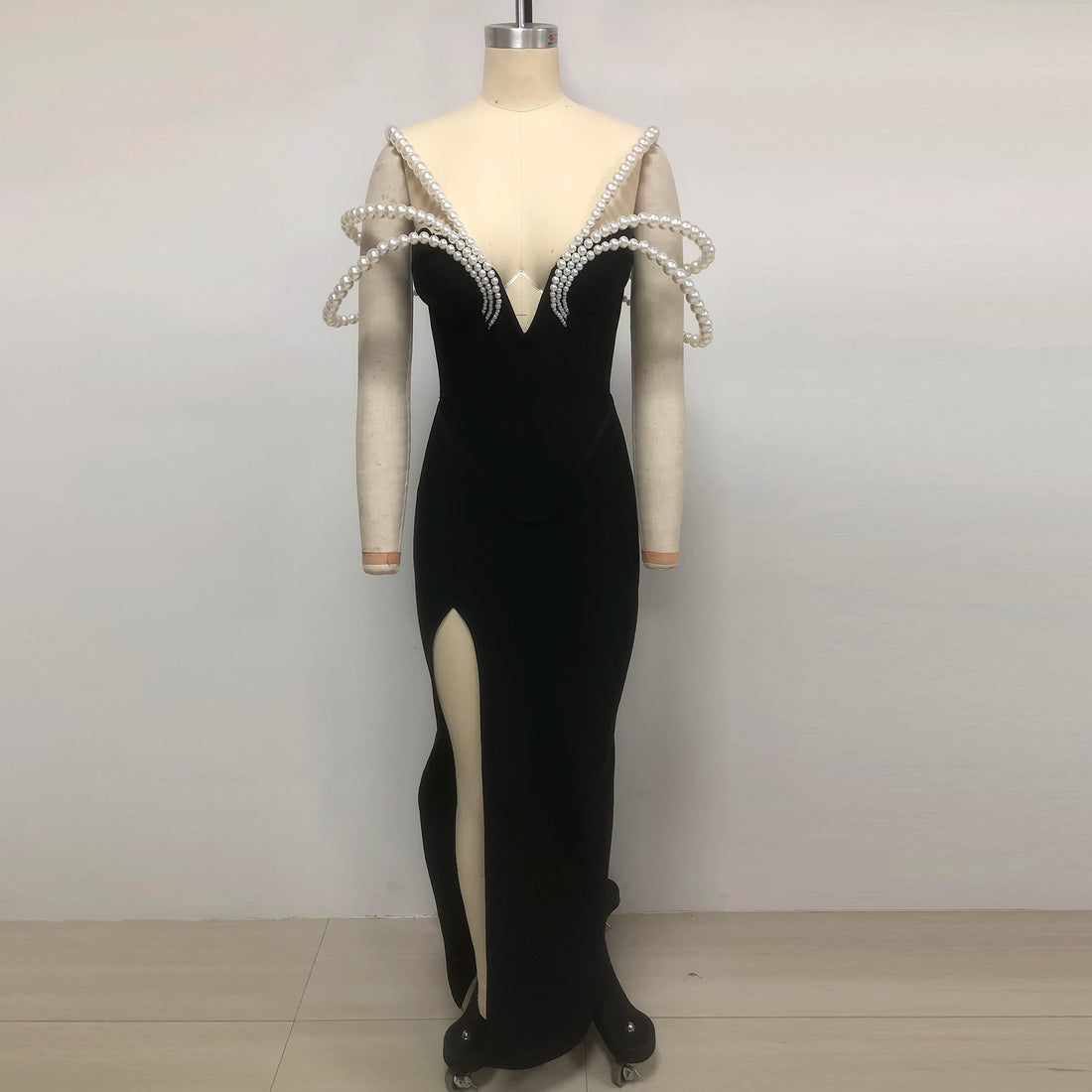 Women Sexy Big Pearl Beading Strapless Bodycon Long Bandage Dress Celebrate Evening Party Birthday Outfit