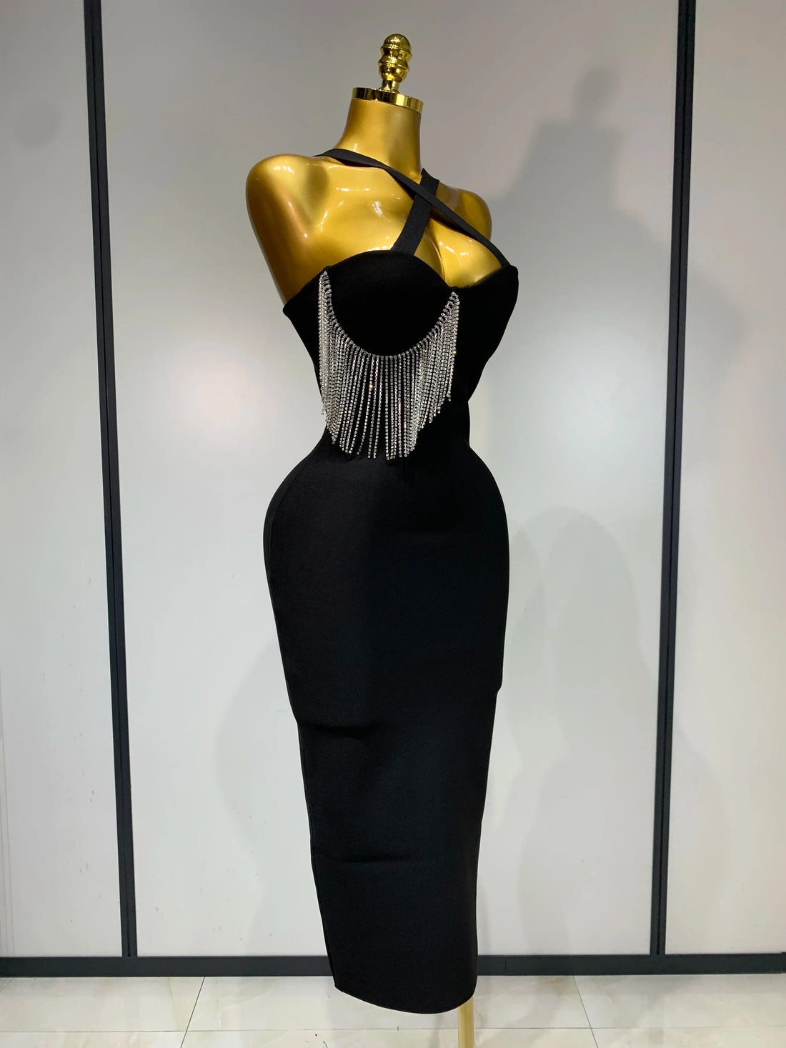 Women Sexy Diamonds Tassel Crystal Midi Black Bodycon Bandage Dress  Elegant Evening Party Luxury Birthday Dresses Vestido