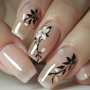 24Pcs Glitter Leaves Fake Nail with Designs Simple Roses Press on Ballet False Nail Patch Wearable Finished Full Cover Nail Tips
