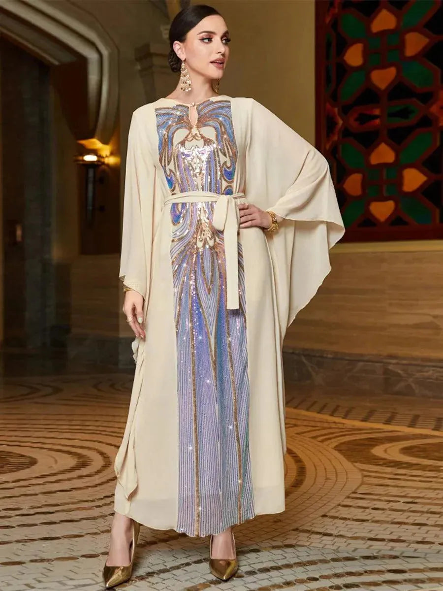 Elegant Floral Embroidery Sequins Butterfly Sleeves Belted Kaftan Ladies Evening Dresses Casual Loose Arab Muslim Women Clothes Beige Dress