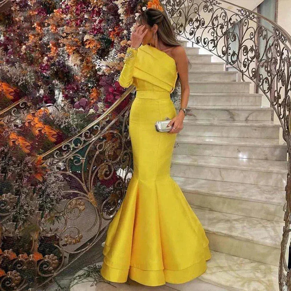 Arabic Yellow One Shoulder Mermaid Evening Dress with Cape Baby Blue Beaded Dubai Luxury Wedding Party Dress Yellow Evening Dress