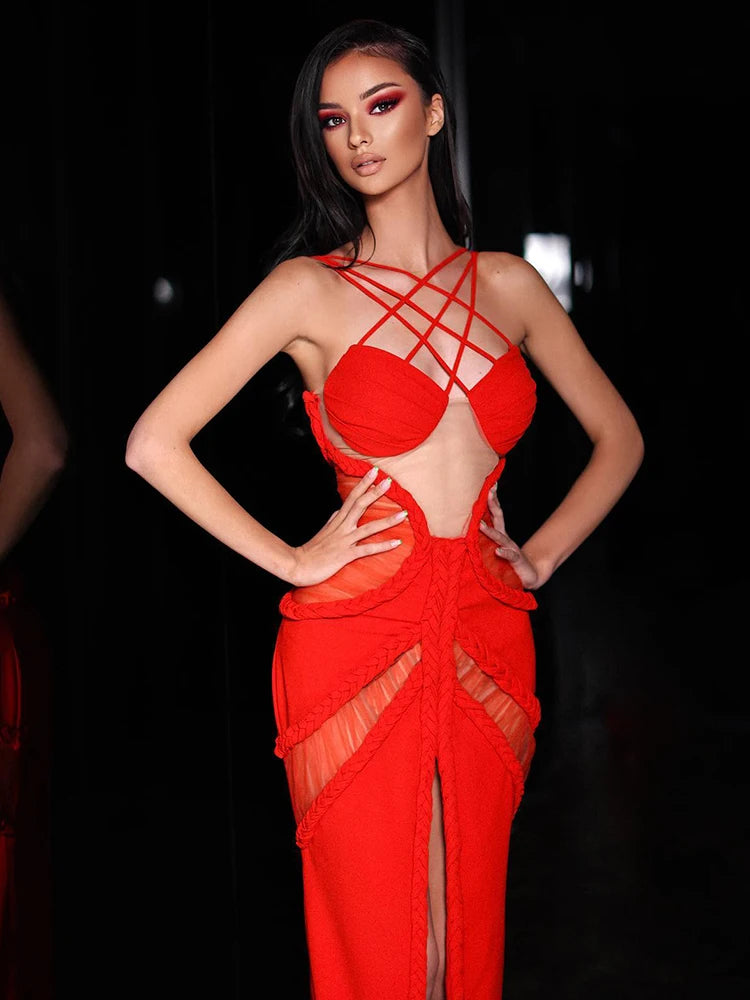 VC Mermaid Dress For Women Sexy Hollow Out See Through Braided Rope High Slit Long Evening Party Dress Vestido