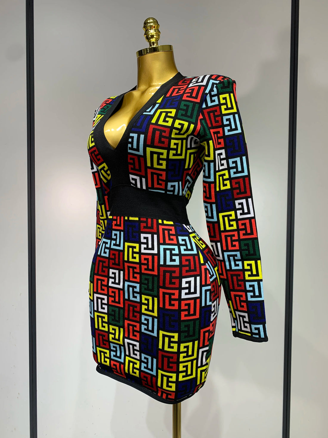 Women Long Sleeve V-Neck Bodycon Jacquard Short Bandage Dress  Elegant Evening Luxury Birthday Party Cocktail Outfit