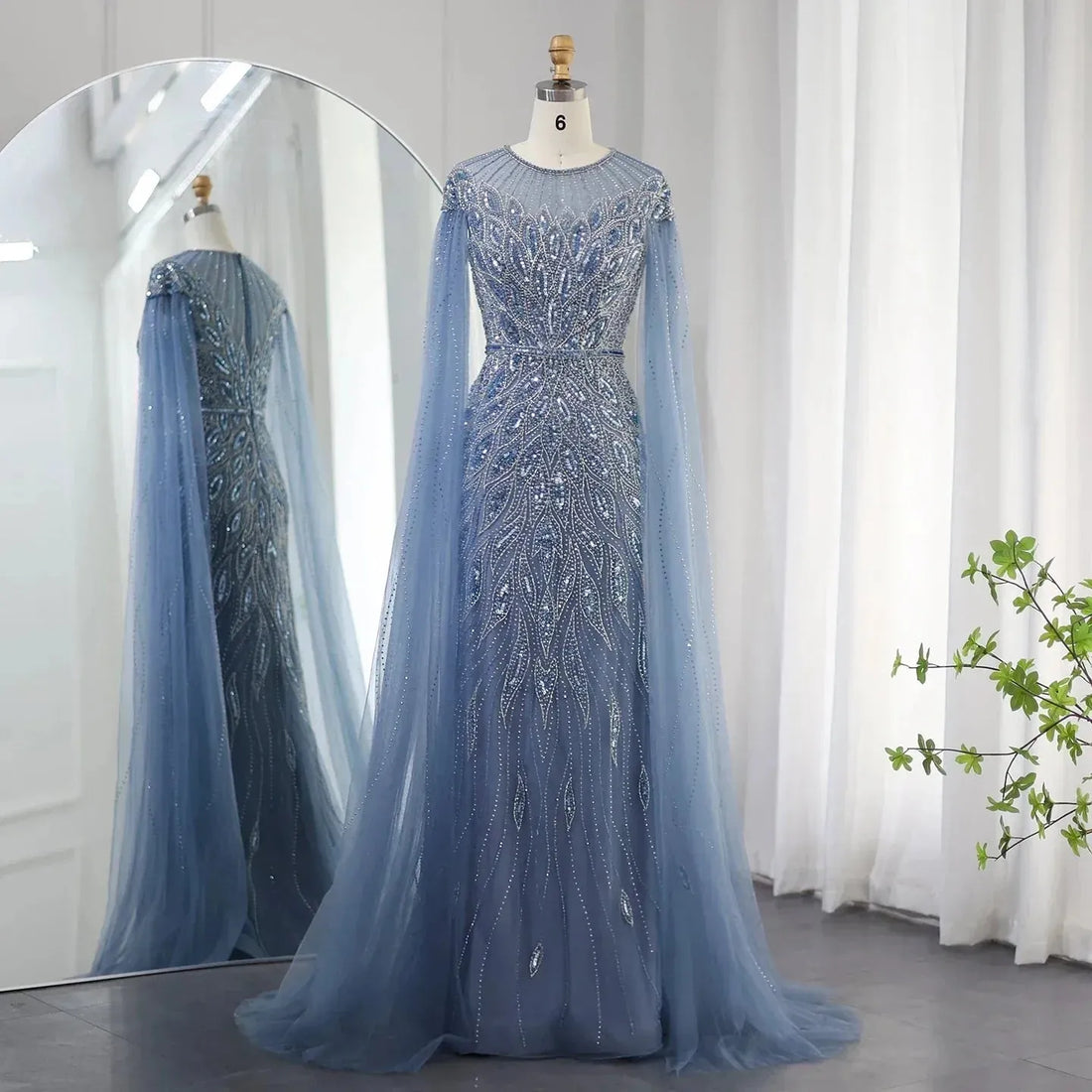 Luxury Arabic Blue Mermaid Evening Dress with Cape Sleeves Sage Green Gold Dubai Women Wedding Party Gowns Blue Evening Dress