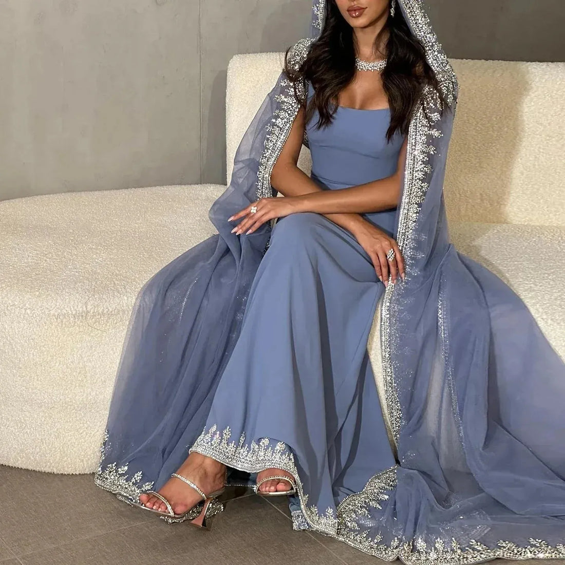 Luxury Blue Mermaid Dubai Evening Dresses with Cape Sleeves Sage Green Elegant Arabic Women Wedding Party Gowns Evening Dress