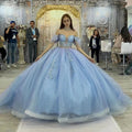 Quince Dress | Glittering Light Blue Quinceanera Dress Off Shoulder Crystal Floral Appliqué Vestidos De 15 Anos Formal Birthday picture blue