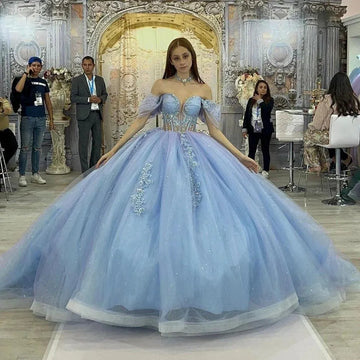 Quince Dress | Glittering Light Blue Quinceanera Dress Off Shoulder Crystal Floral Appliqué Vestidos De 15 Anos Formal Birthday picture blue