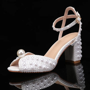 Summer Luxury Pearl Peep toe Thick Heeled Women Gladiator Sandals Fashion Beaded High heels Wedding Banquet Prom Shoes Sandalias