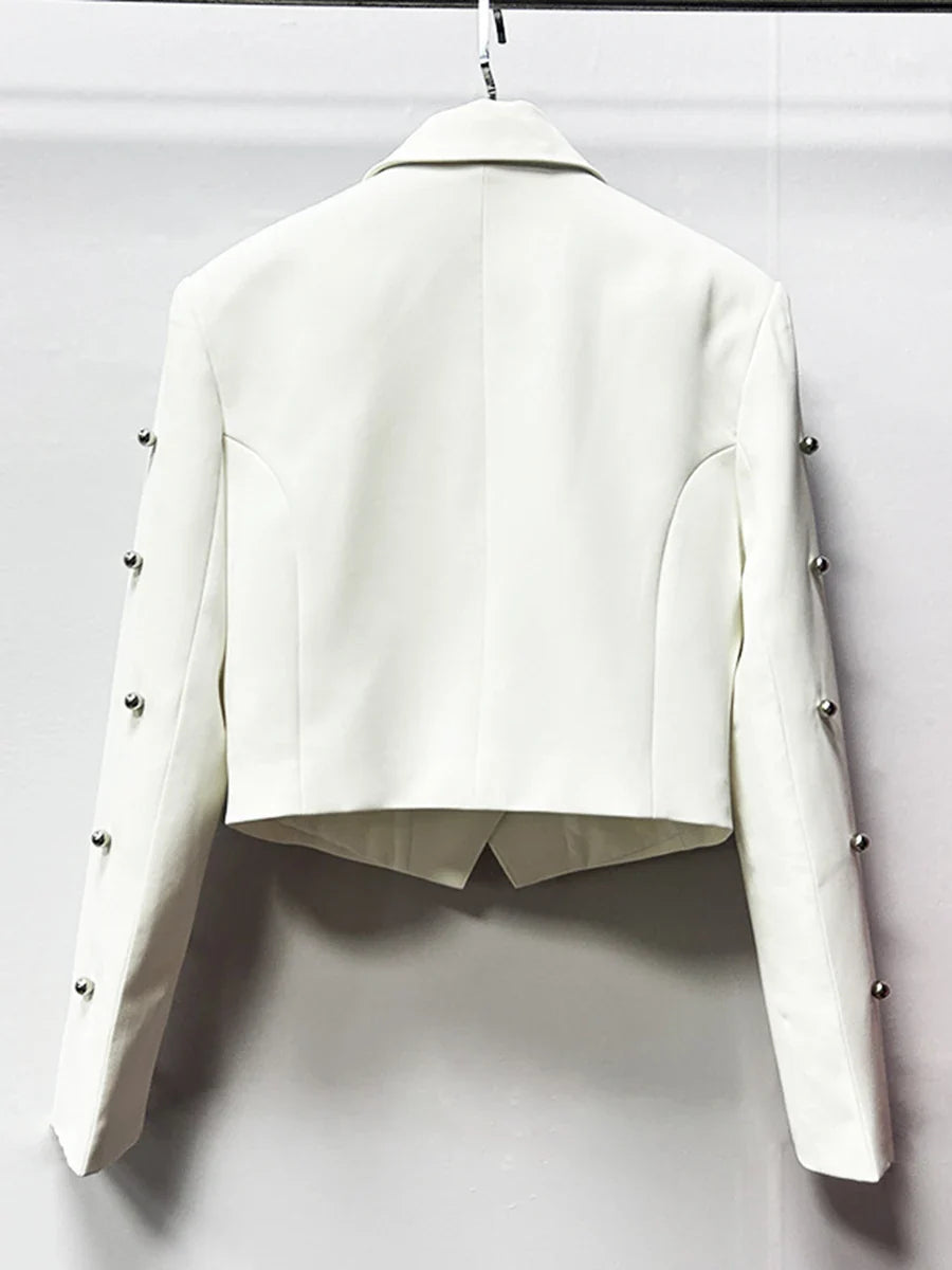 Solid Slimming Spliced Bead Fashion Short Jackets for Women Lapel Long Sleeves Temperament Jacket Female Clothing