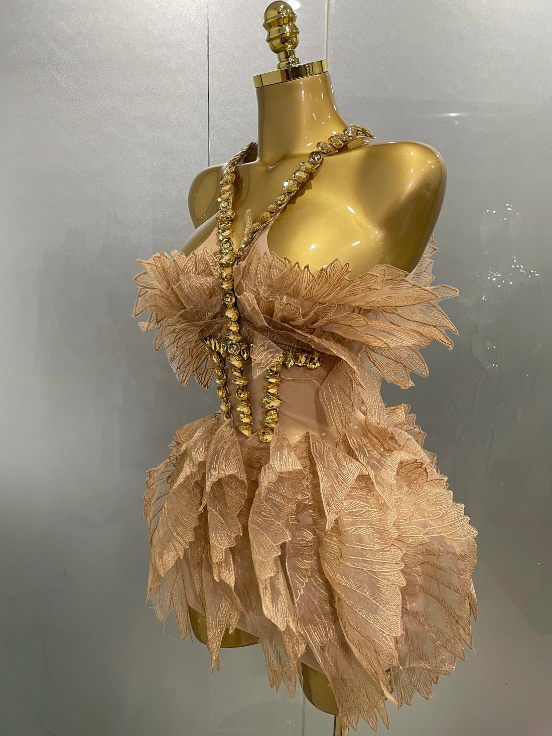 Sexy Shining Gold Crystal Transparent Wings Mini Dress 2025 Women Birthday Party Bar Nightclub Singer Stage Performance Costume