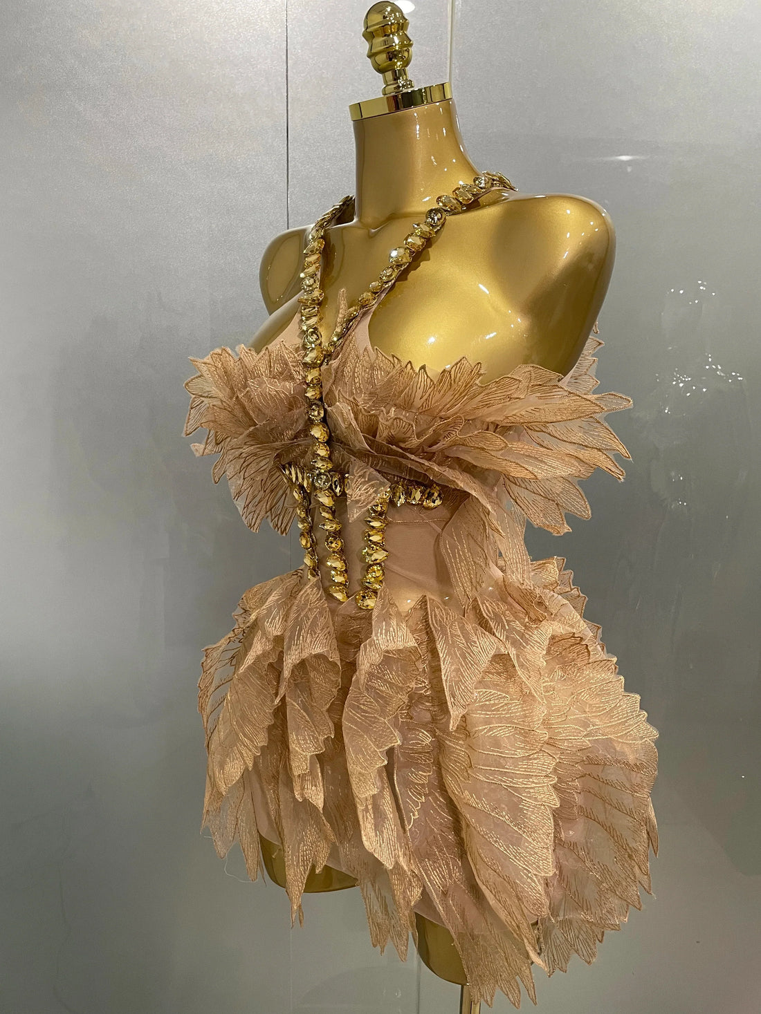 Sexy Shining Gold Crystal Transparent Wings Mini Dress  Women Birthday Party Bar Nightclub Singer Stage Performance Costume