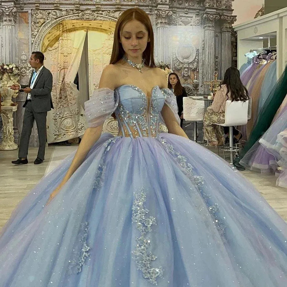 Quince Dress | Glittering Light Blue Quinceanera Dress Off Shoulder Crystal Floral Appliqué Vestidos De 15 Anos Formal Birthday