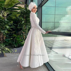 Elegantes vestidos de novia musulmanes con hijab, satén, cuentas, cuello alto, vestido de novia estilo Dubái, corte en A, manga larga, vestidos de novia cortos