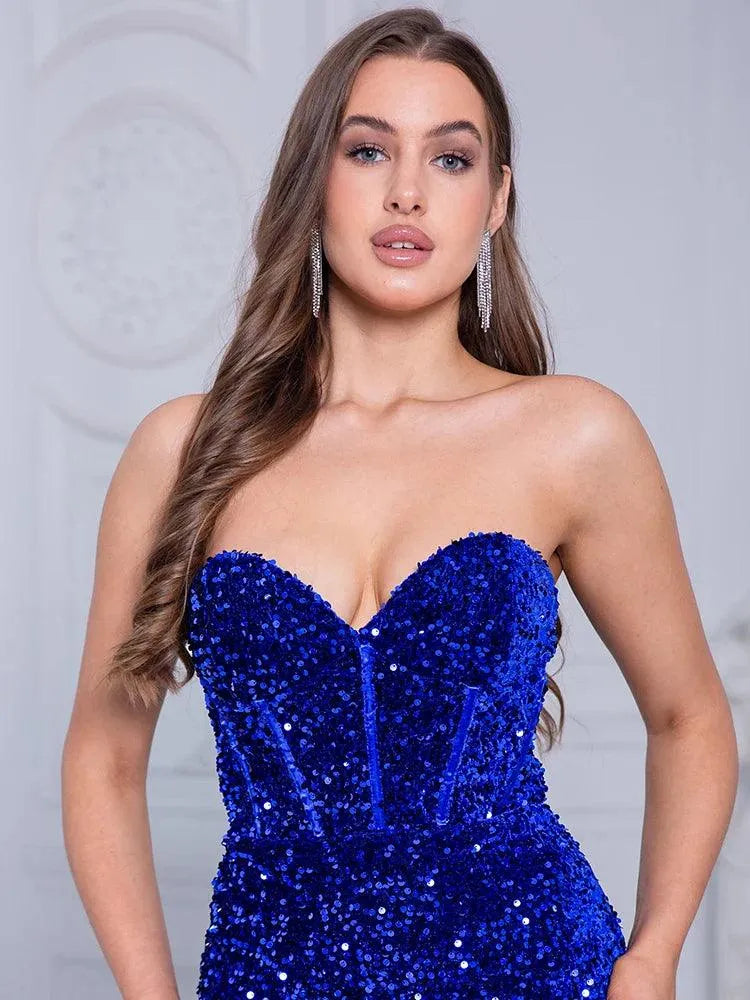 Royal Blue Padded Strapless Boning Corset Bodice Stretch Sequin Prom Dress Sleeveless Mermaid Floor Length Evening Party Dress