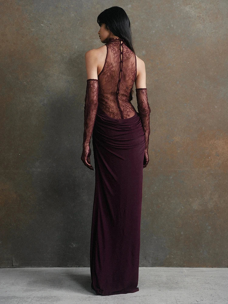 VC Sexy Turtleneck Lace Patchwork Long Dress Women Sleeveless Backless Pleated Celebrity Evening Party Gowns with Gloves