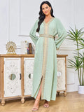 Turkish Abaya For Women Fashion Chic Tape Trim Full Sleeve V-Neck Belted Clothing Muslim Elegant Long Dresses Female Green Dress