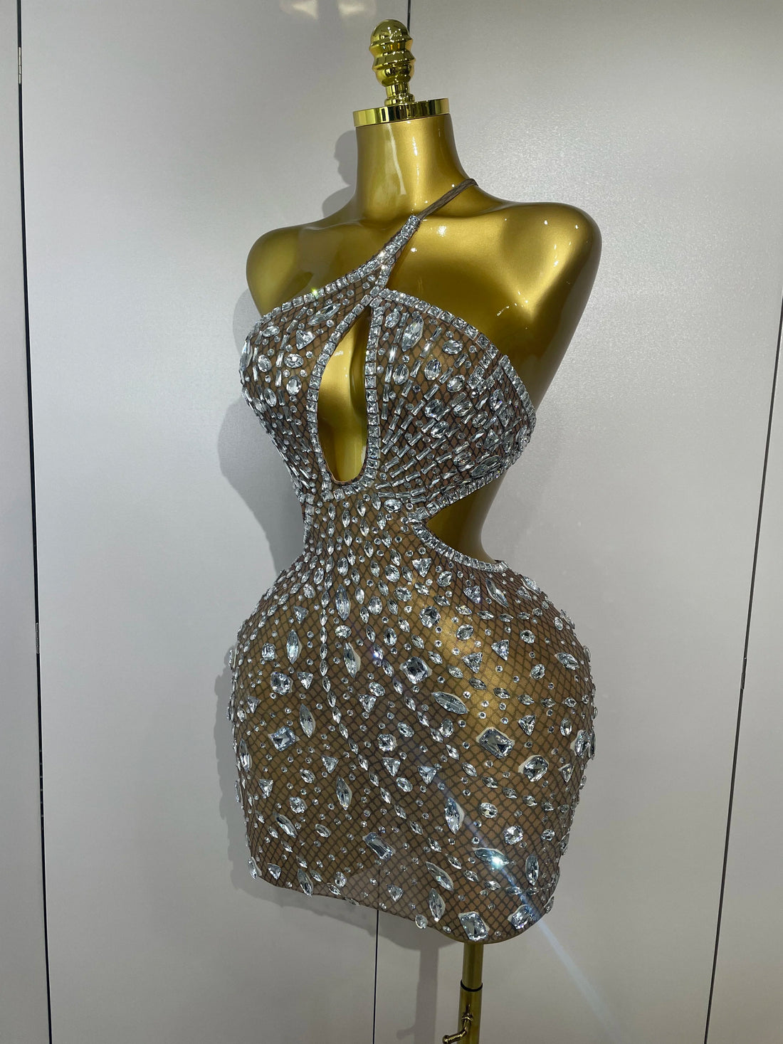 Stock Women Sparkly Big Crystal Sexy Off the Shoulder Mesh See Through Mini Dress Nightclub Party Celebrate Birthday Dress