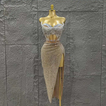 STOCK Women Sexy Strapless Shinning Crystal 2 Pieces Bodycon Mid-calf Dress Celebrate Bar Singer Performance Stage Wear