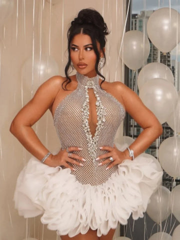 Christmas Style Women Sexy Off the Shoulder Halter Shinning Sequins Bodycon Mini Dress Birthday Party Celebrate Celebeity Dress