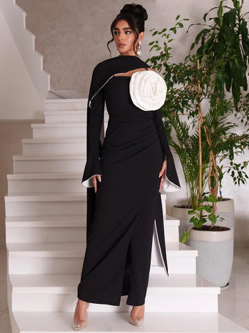 VC Robe de bal d'été nouvelle simple en crêpe noir avec fleurs 3D, sirène, manches longues ajustées, longueur cheville, robe de soirée formelle